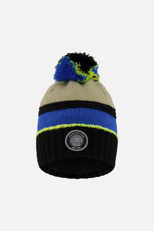 Bonnet tricot doublé à pompon noir, taupe et vert lime