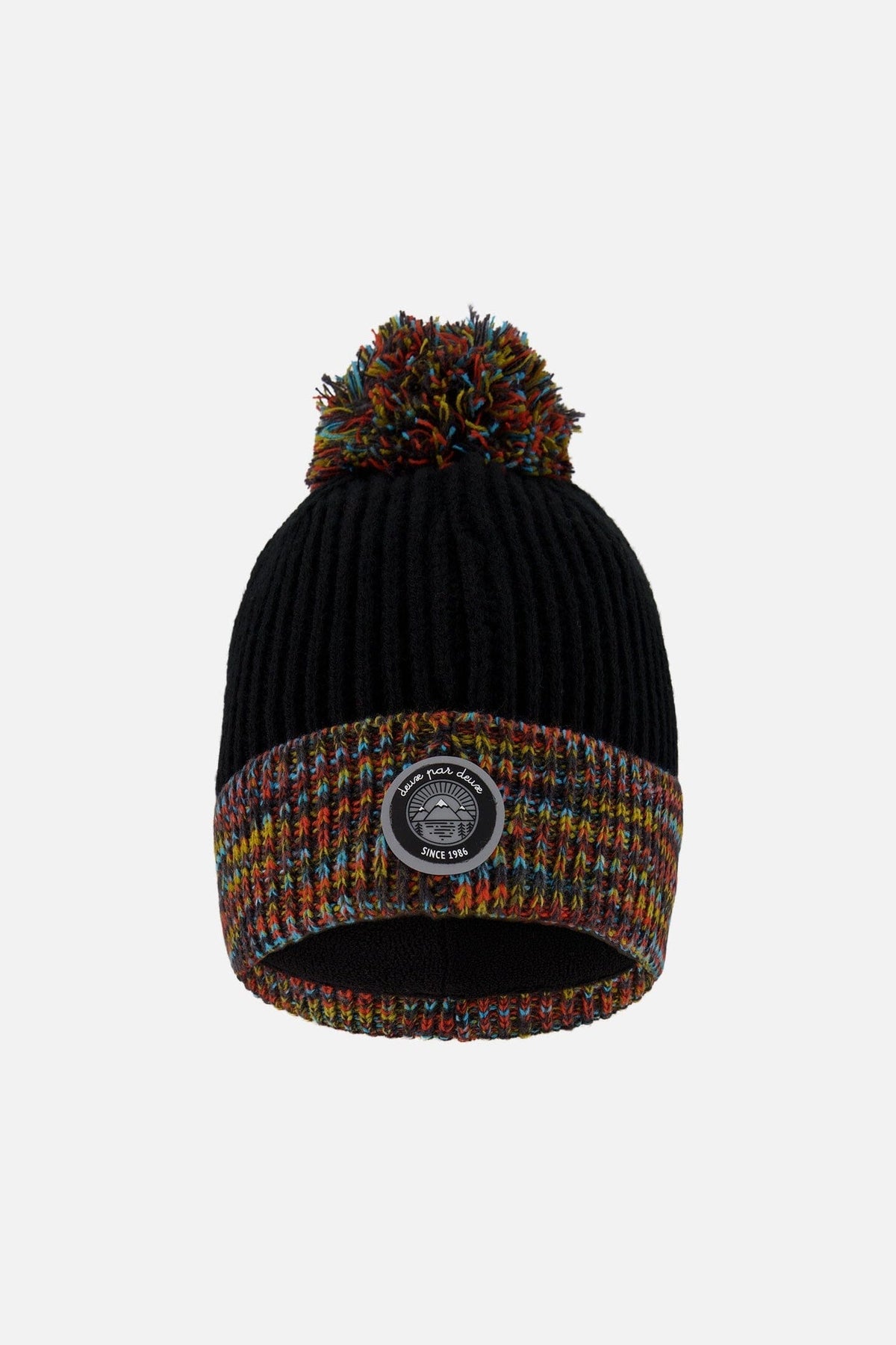 Lined Knit Winter Hat With Pompom Black And Multicolor