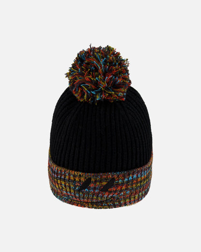 Lined Knit Winter Hat With Pompom Black And Multicolor