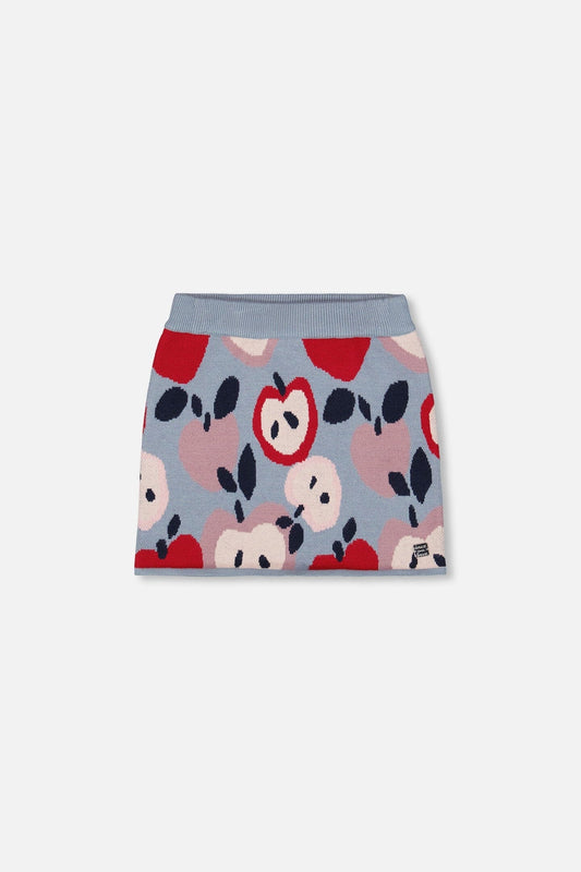 Jupe en maille bleue et rouge avec jacquard cœur et pomme