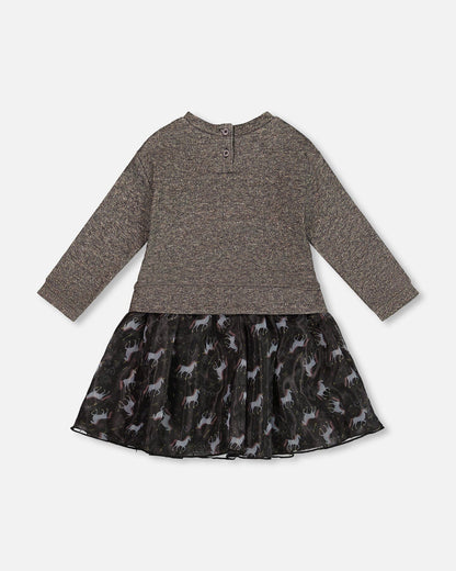 Bi-Material Dress Black With Mesh Skirt And Heart