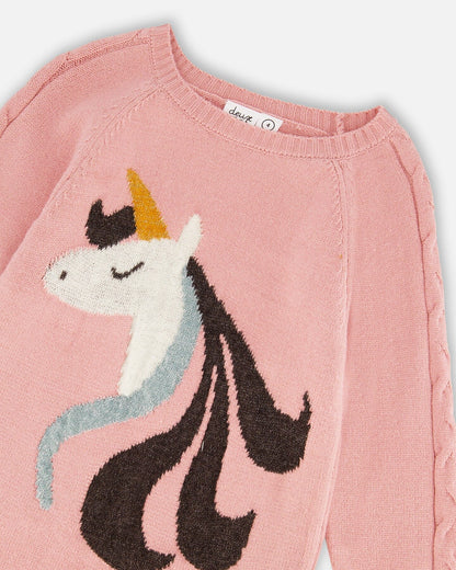 Robe en maille rose poudré avec intarsia licorne
