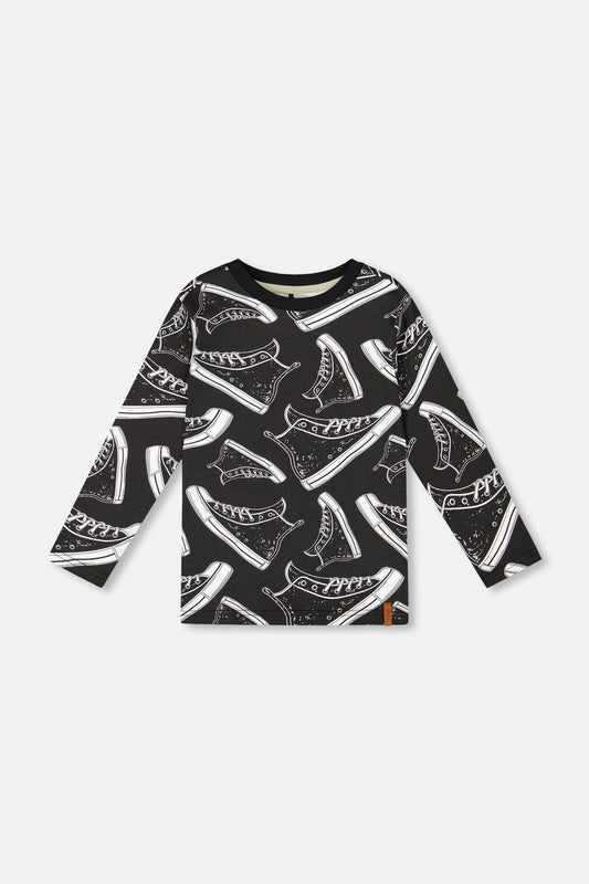T-shirt à manches longues en coton biologique à imprimé intégral Noir
