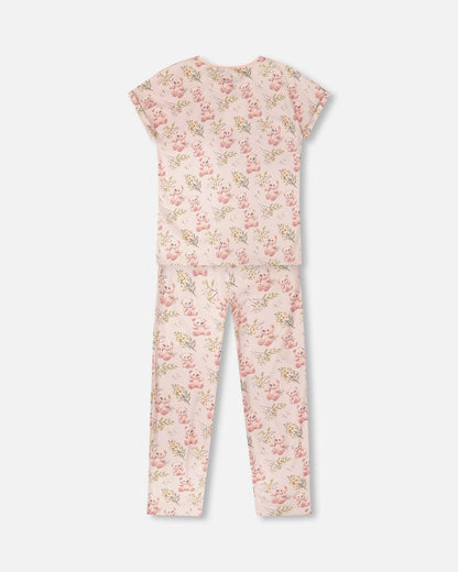 Ensemble de pyjama deux pièces en coton biologique pour femme - Imprimé ours rose pâle