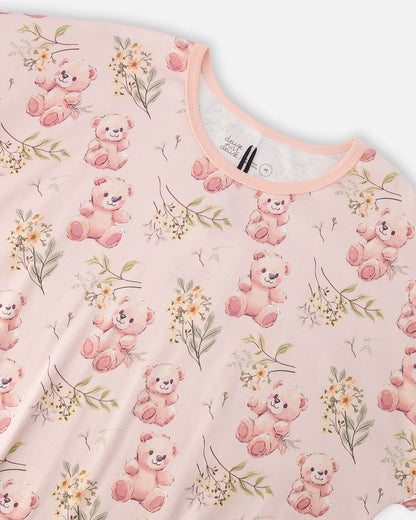 Ensemble de pyjama deux pièces en coton biologique pour femme - Imprimé ours rose pâle