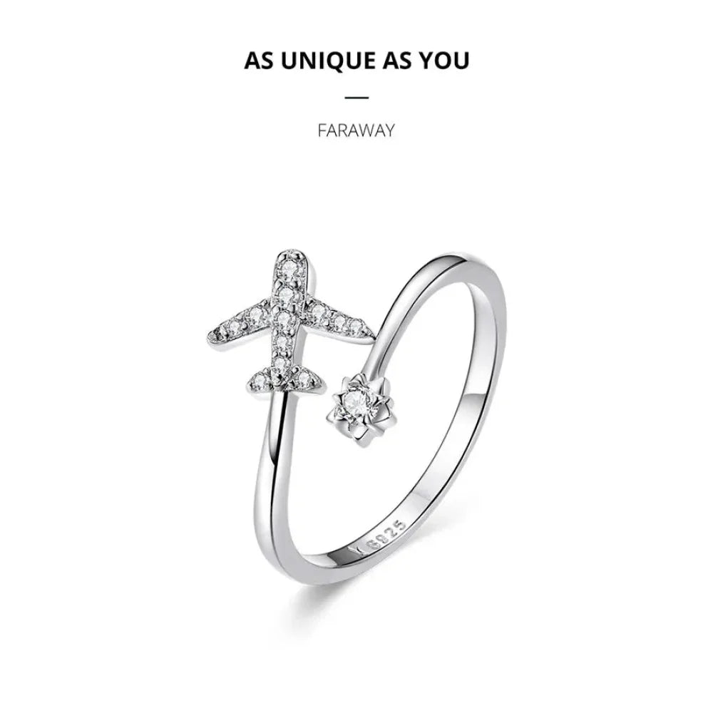 925 Sterling Silver CZ Flying Plane Open Ring