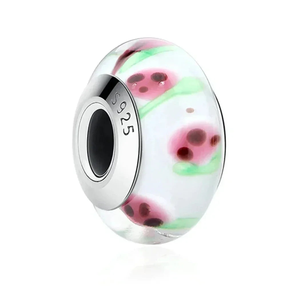 925 Sterling Silver Pink Flower Murano Glass Beads - Diy Bracelet Charms For A Festive Touch (Scz001)