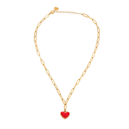 HEART ROUGE Gold: Paper Clip Chain Anchoring an Enameled Red Heart Charm