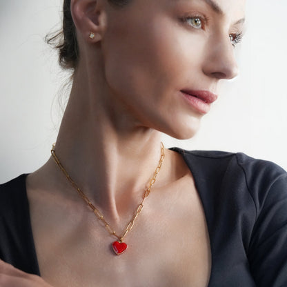 HEART ROUGE Gold: Paper Clip Chain Anchoring an Enameled Red Heart Charm