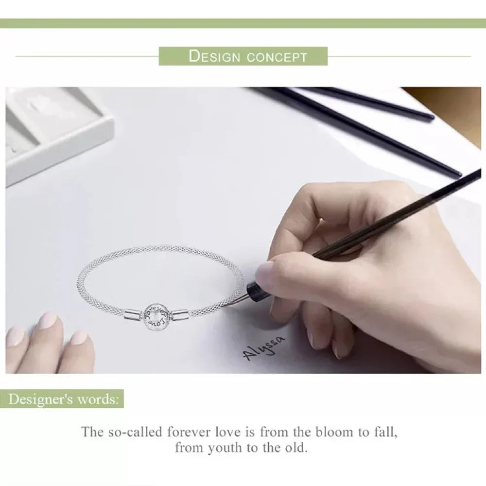 Sterling Silver Mesh Charm Bracelet – “Forever Love” Bead