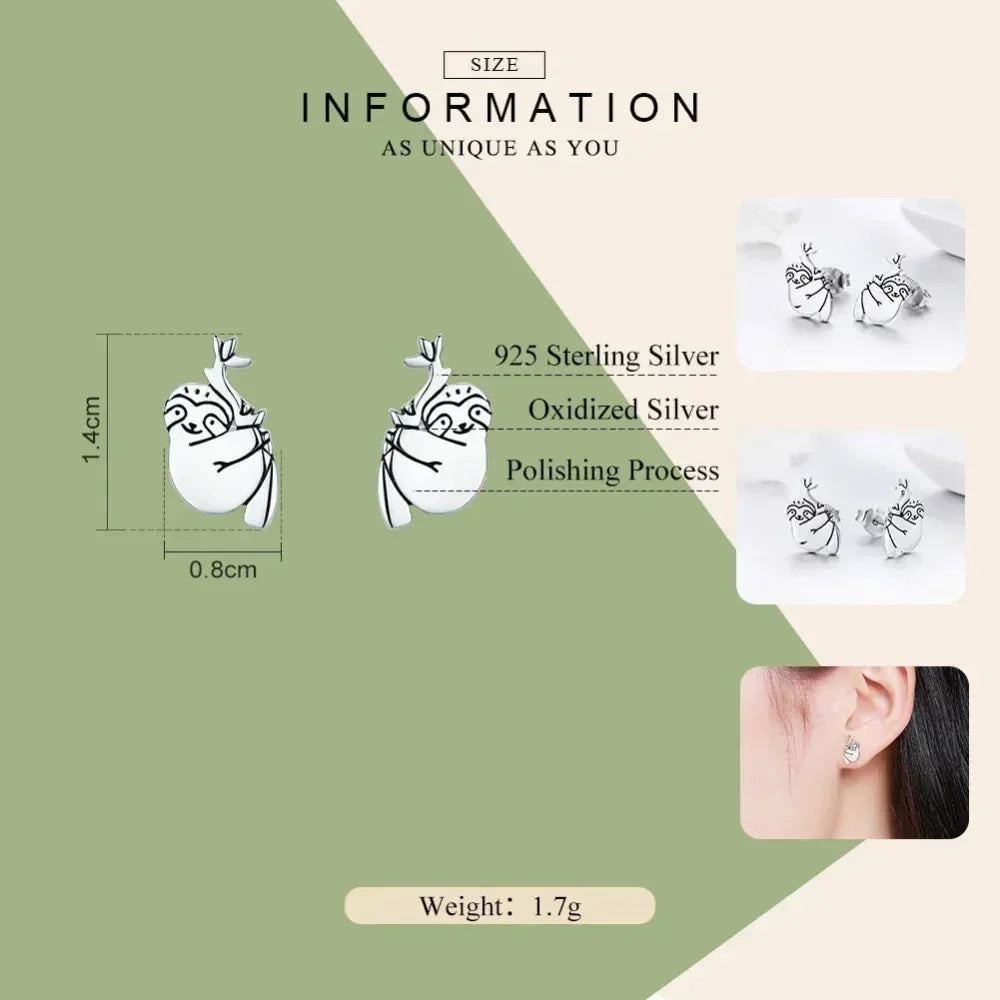 Adorables boucles d'oreilles paresseux en argent sterling - Bijoux animaux mignons