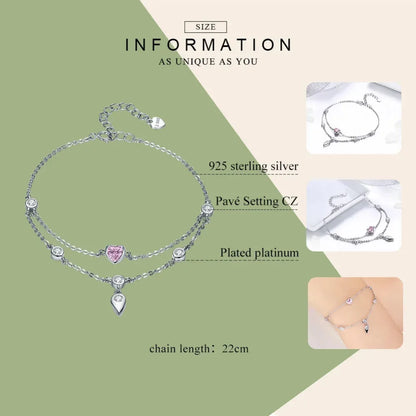 Bracelet en argent sterling double couche avec cœurs en zircone cubique rose