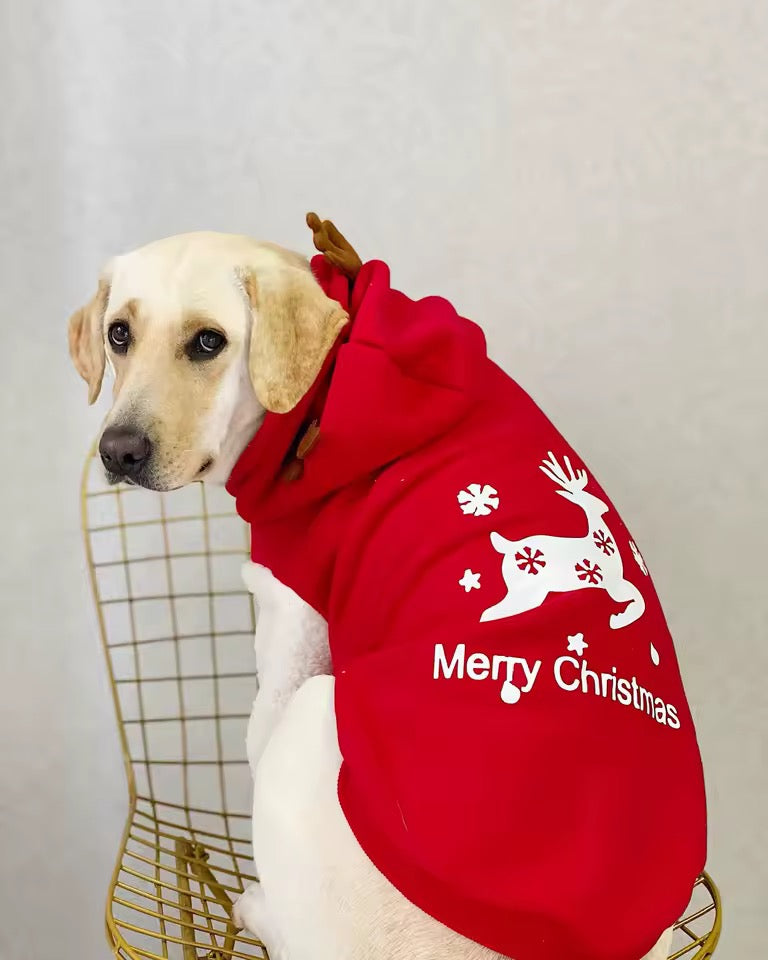 Sweat à Capuche Chien Renne Joyeux Noël – Pull de Fêtes Douillet Rouge et Blanc