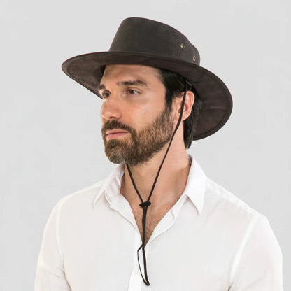 Flat Brim Leather Cowboy Hat. Premium Western Hat with Studded Braided Band