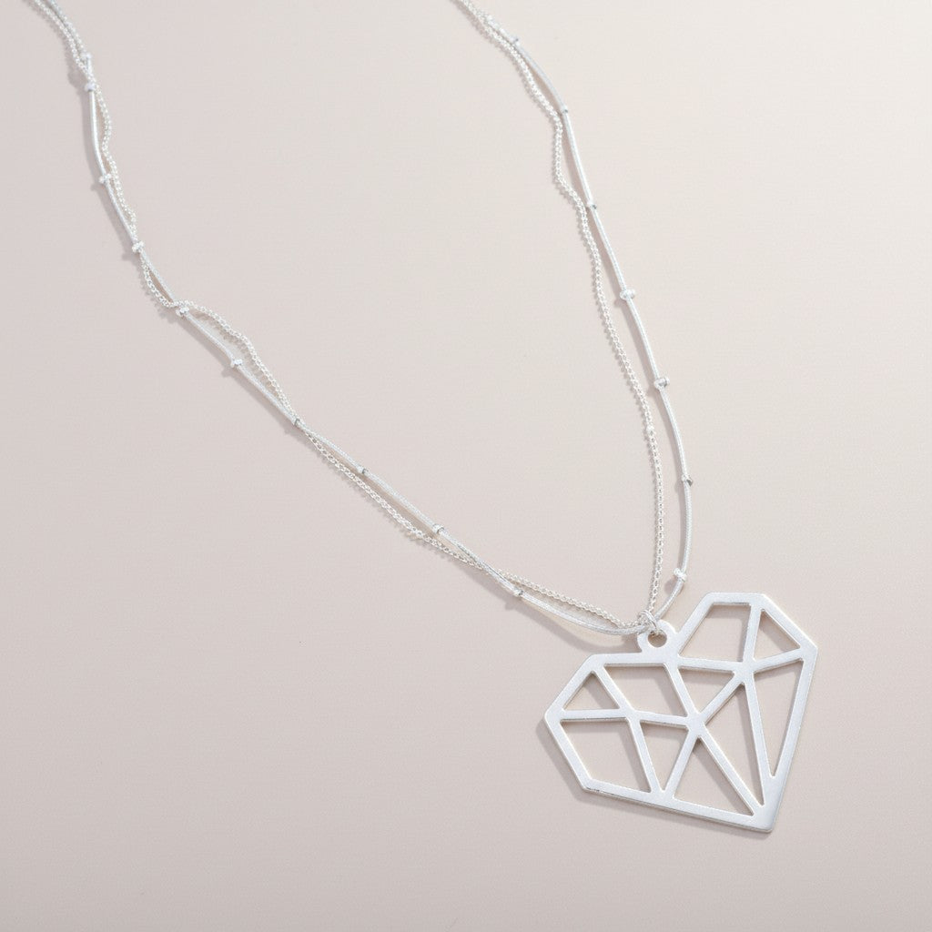 Double Strand Necklace With Heart Pendant In Silver Plate