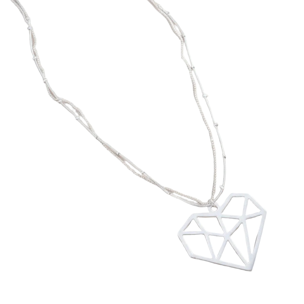 Double Strand Necklace With Heart Pendant In Silver Plate