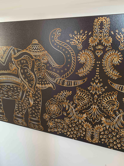 Lucky Trunk Up Elephants- Wildlife Canvas-Gold varnish