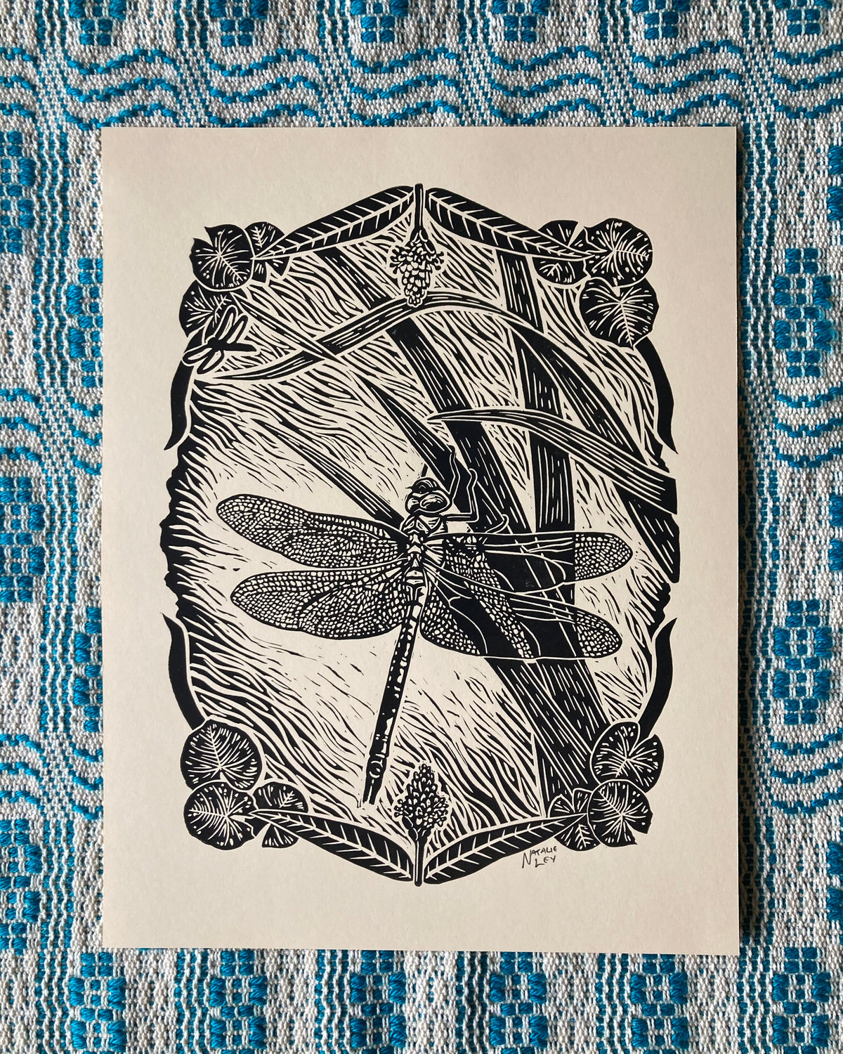 'Green Darner Dragonfly' lino print