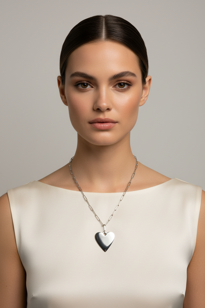 Short Chainlink Heart Pendant Necklace - Grey Stainless Steel