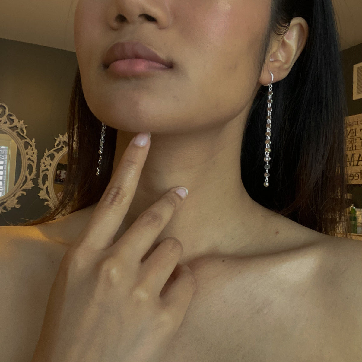Boucles d'oreilles pendantes doubles avec chaînes et disques en plaqué argent