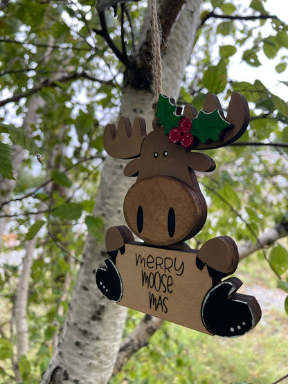 Ornement en bois peint à la main « Joyeux Élan-Noël », Décoration de Noël faite main en contreplaqué