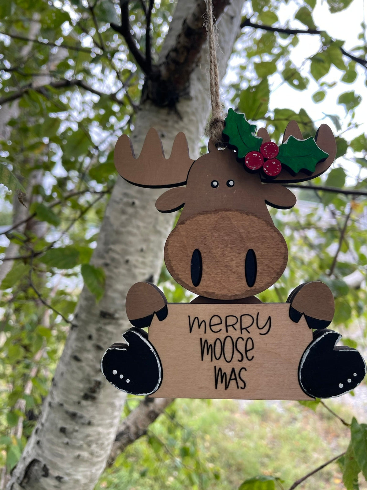 Ornement en bois peint à la main « Joyeux Élan-Noël », Décoration de Noël faite main en contreplaqué