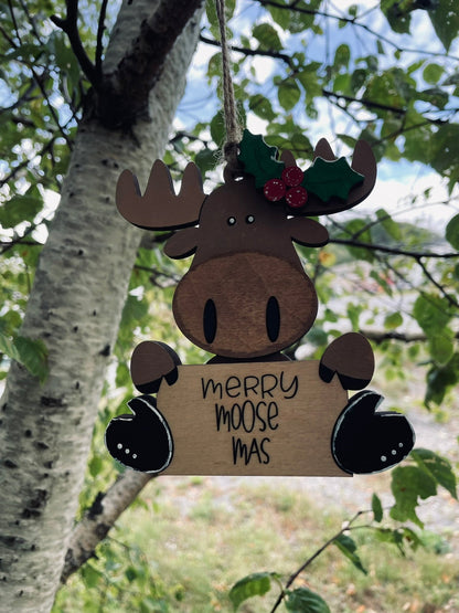 Ornement en bois peint à la main « Joyeux Élan-Noël », Décoration de Noël faite main en contreplaqué