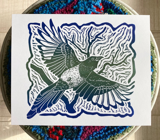 'Magpie' lino print