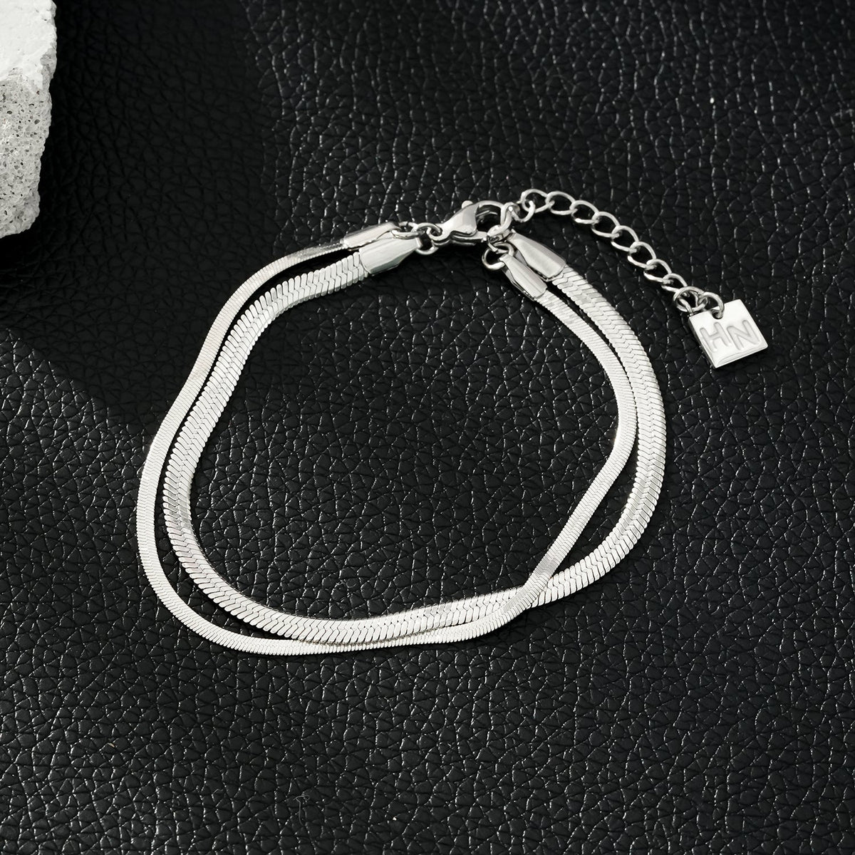INESE Silver (White Gold): Snake-Skin Textured 2-Layer Bracelet