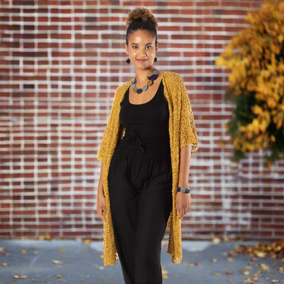 Kimono en tricot popcorn mi-long - Moutarde