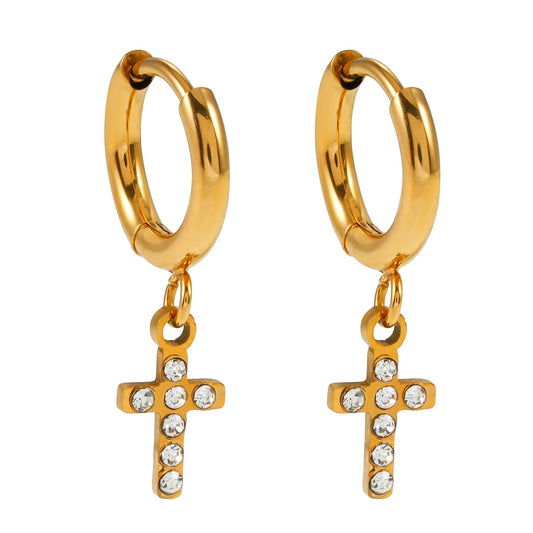 ISTEN Gold : Mini créoles avec croix pavée en zircone