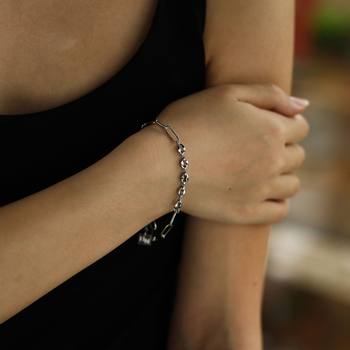IZARA Silver (White Gold):  Paperclip & Oval Bead Chain Bracelet – Modern Minimal Statement Jewellery