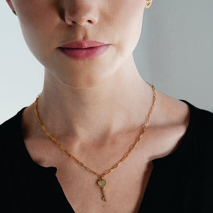 JAZRINA Gold: Pavé Key & Heart Pendant on a Paper Clip Chain Necklace