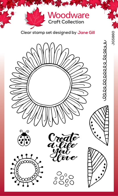 Tampon en caoutchouc Woodware Clear Singles Petal Doodles Live Life 10,16 cm x 15,24 cm