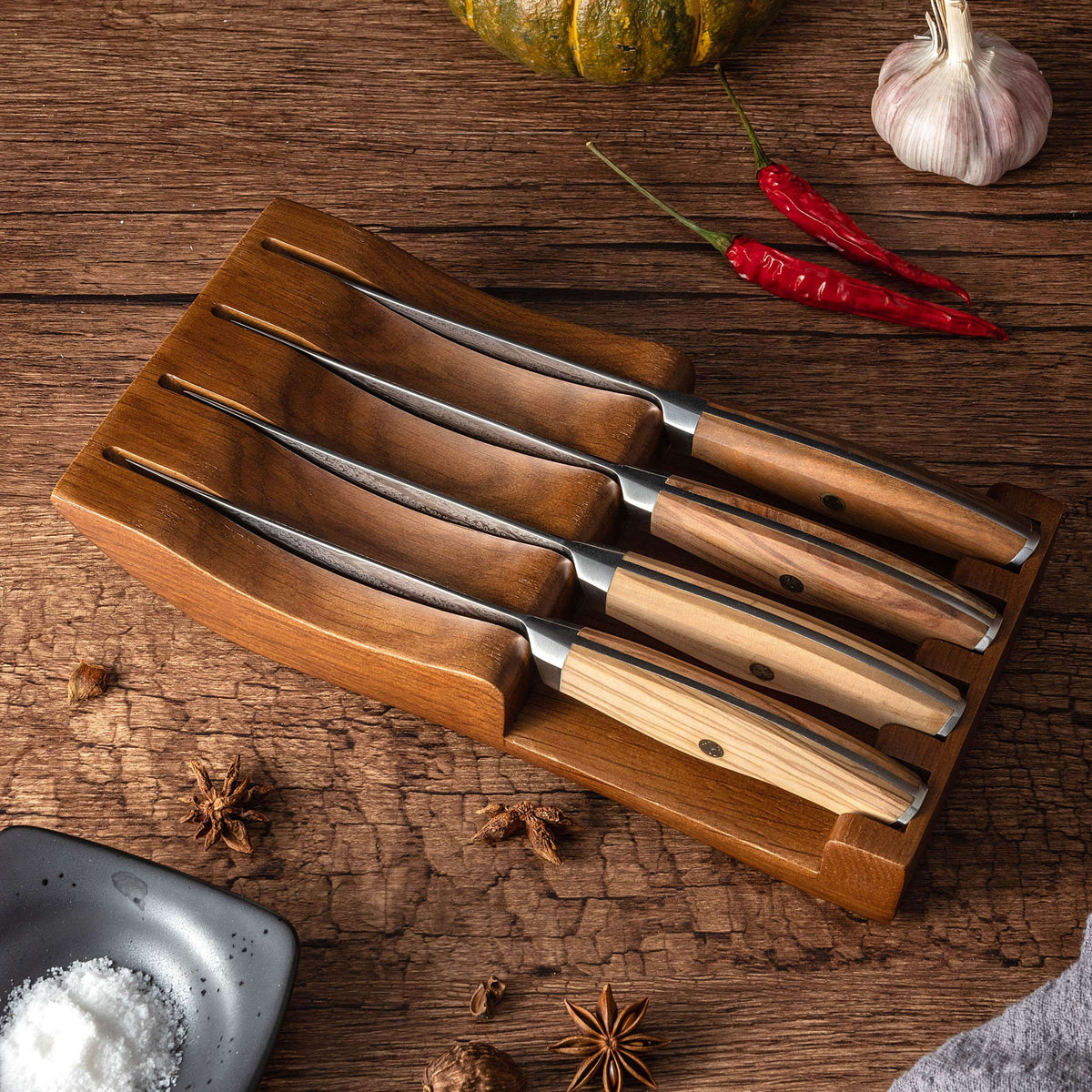 Ginza Steel AMELIA Five – 4-Piece VG10 Damascus Steel Steak Knife Set with Wood Block