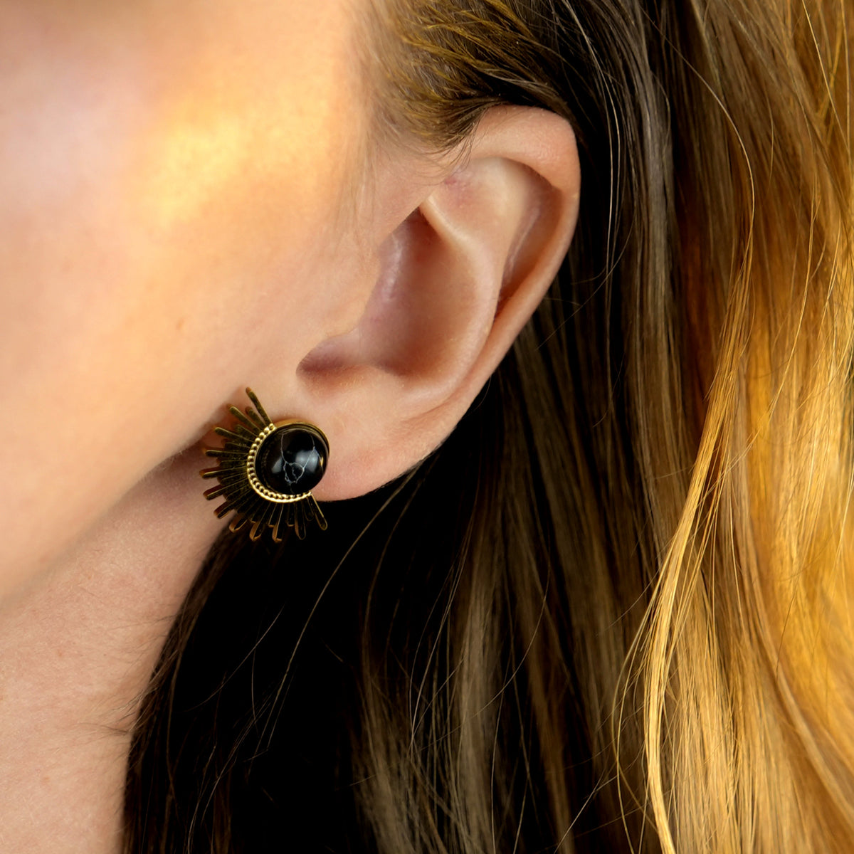 LOVISA Half-Sun Symbol Natural Black Stone Stud Earrings