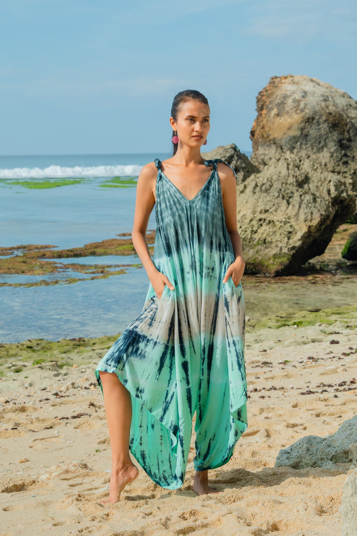 Tie Dye Stripe Romper - Turquoise & Grey