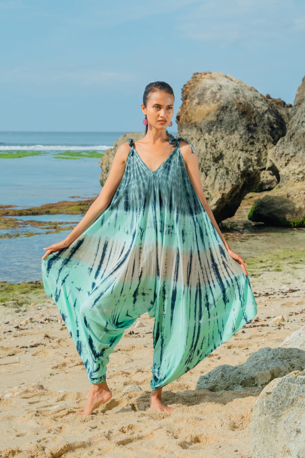 Tie Dye Stripe Romper - Turquoise & Grey