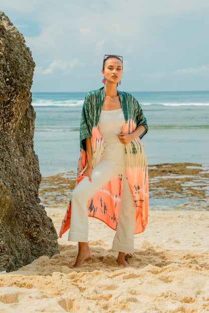 Kimono long rayé tie-dye – Rose et gris