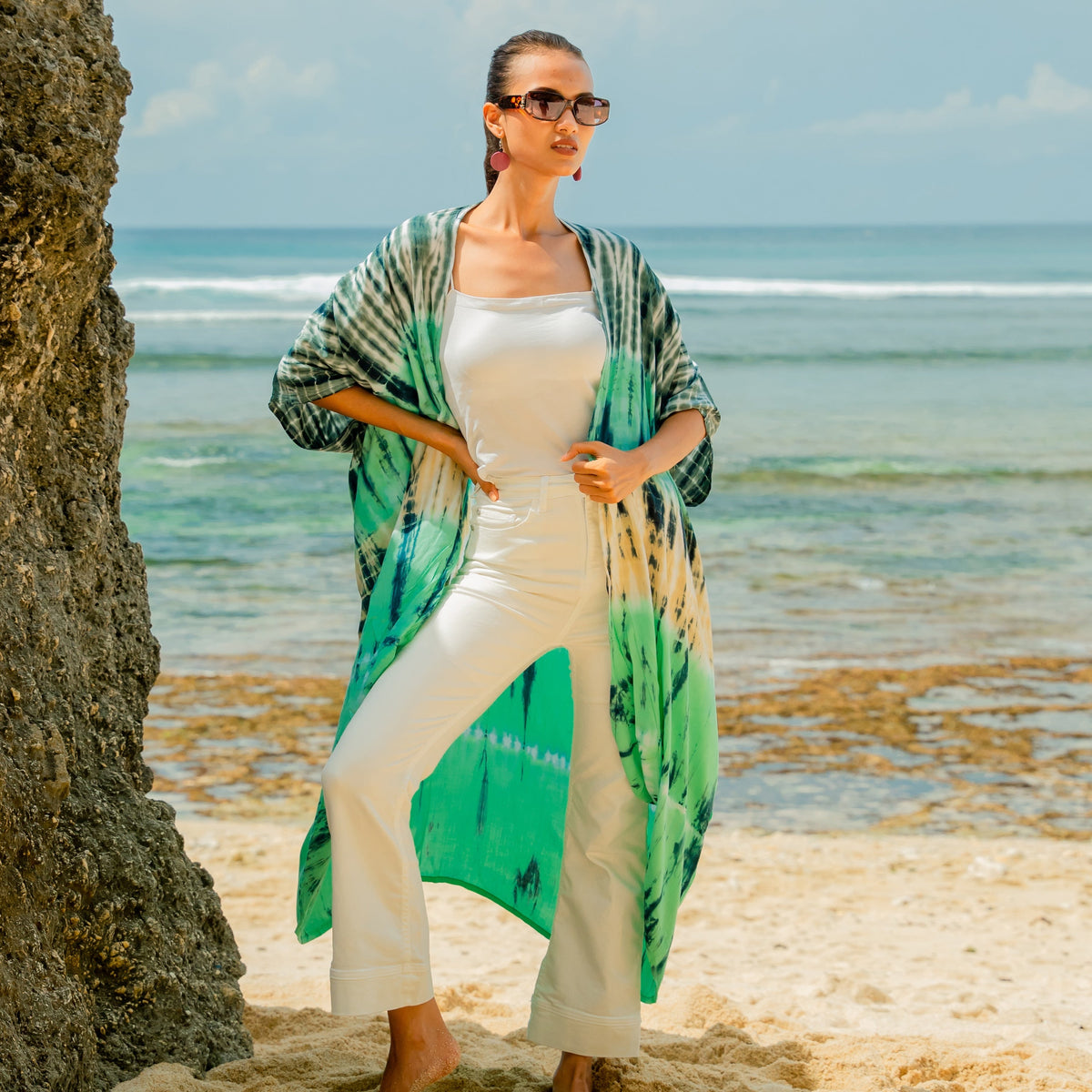 Kimono Long Rayures Tie-Dye - Turquoise et Gris