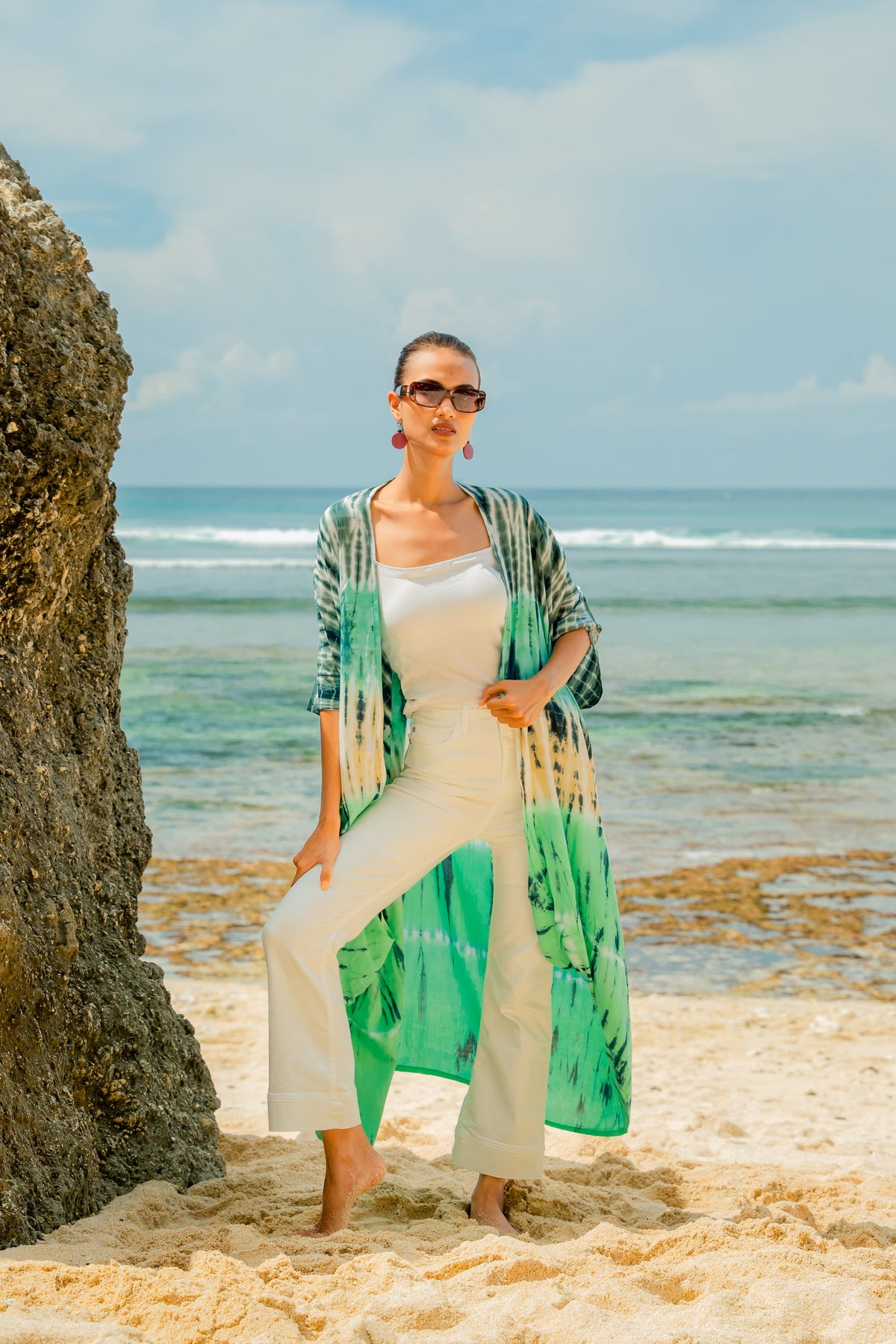 Kimono Long Rayures Tie-Dye - Turquoise et Gris