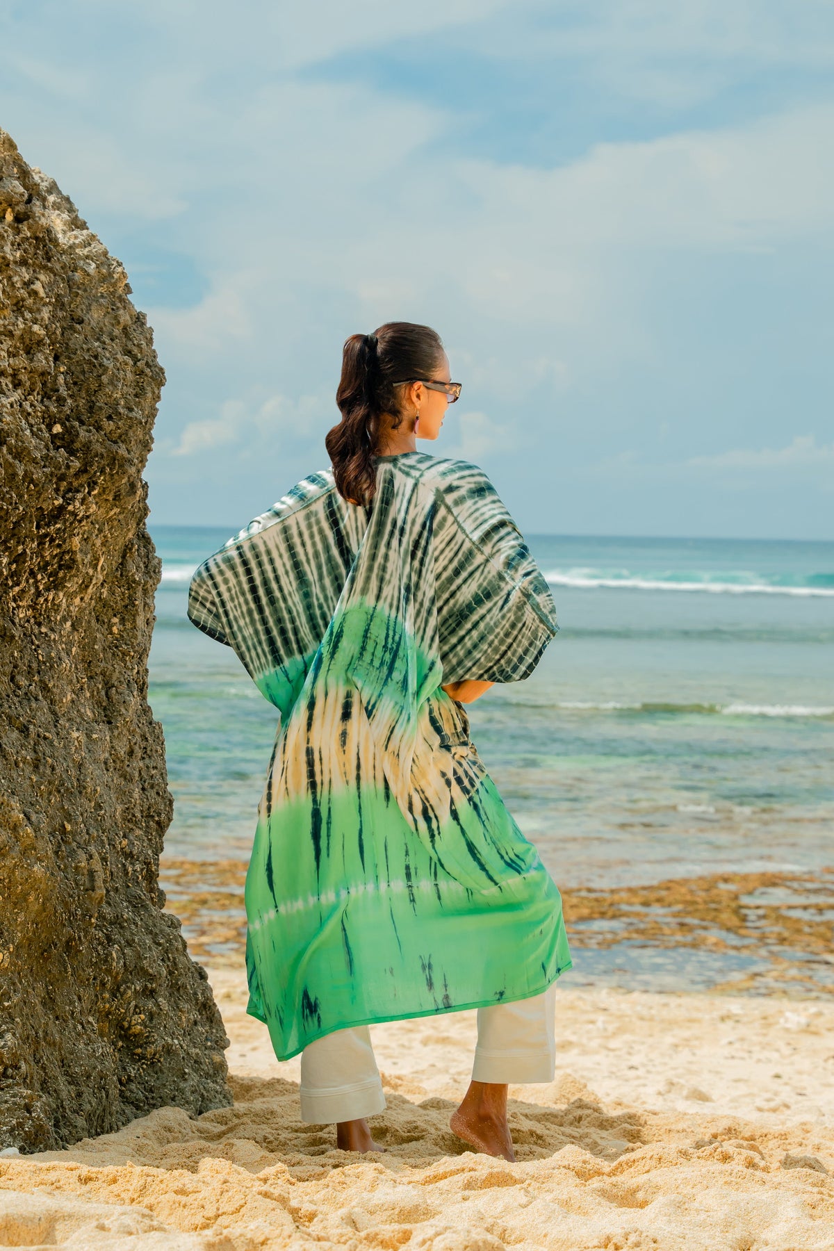 Kimono Long Rayures Tie-Dye - Turquoise et Gris