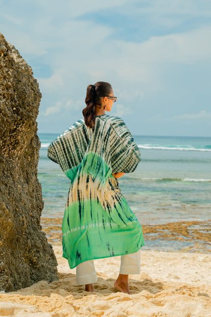 Kimono Long Rayures Tie-Dye - Turquoise et Gris