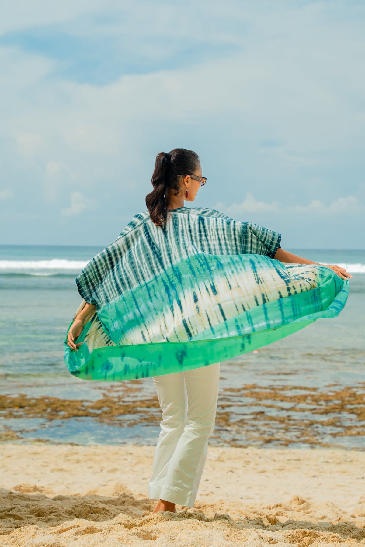 Kimono Long Rayures Tie-Dye - Turquoise et Gris