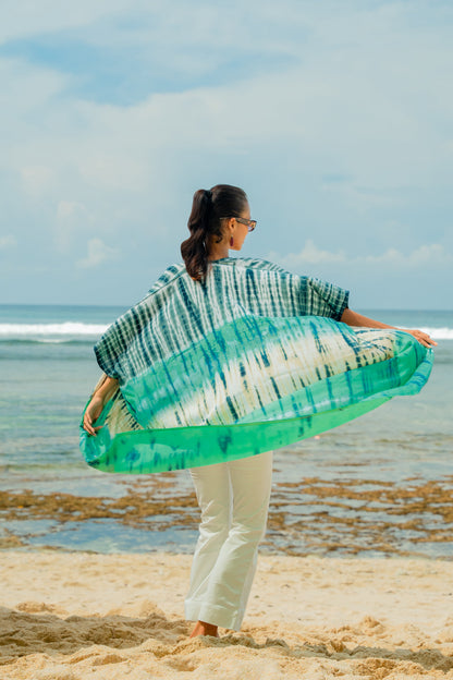Kimono Long Rayures Tie-Dye - Turquoise et Gris