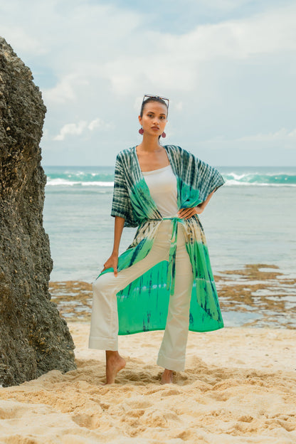 Kimono Long Rayures Tie-Dye - Turquoise et Gris