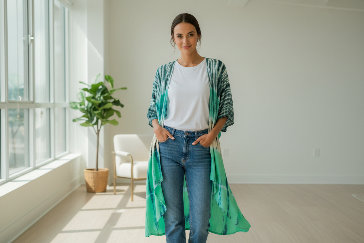 Kimono Long Rayures Tie-Dye - Turquoise et Gris