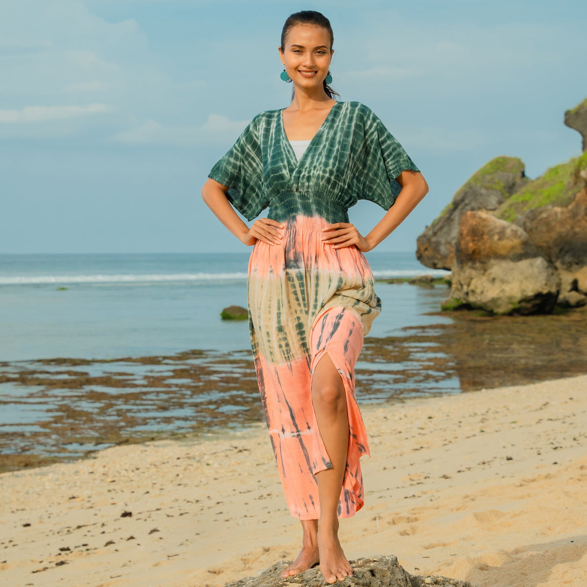 Robe longue tie-dye à rayures – Rose et gris
