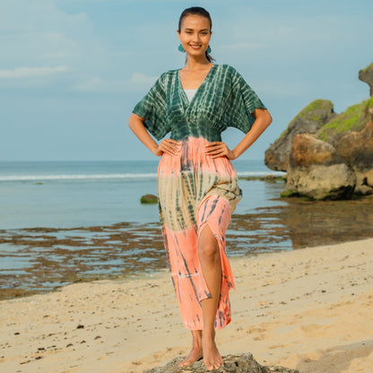 Robe longue tie-dye à rayures – Rose et gris