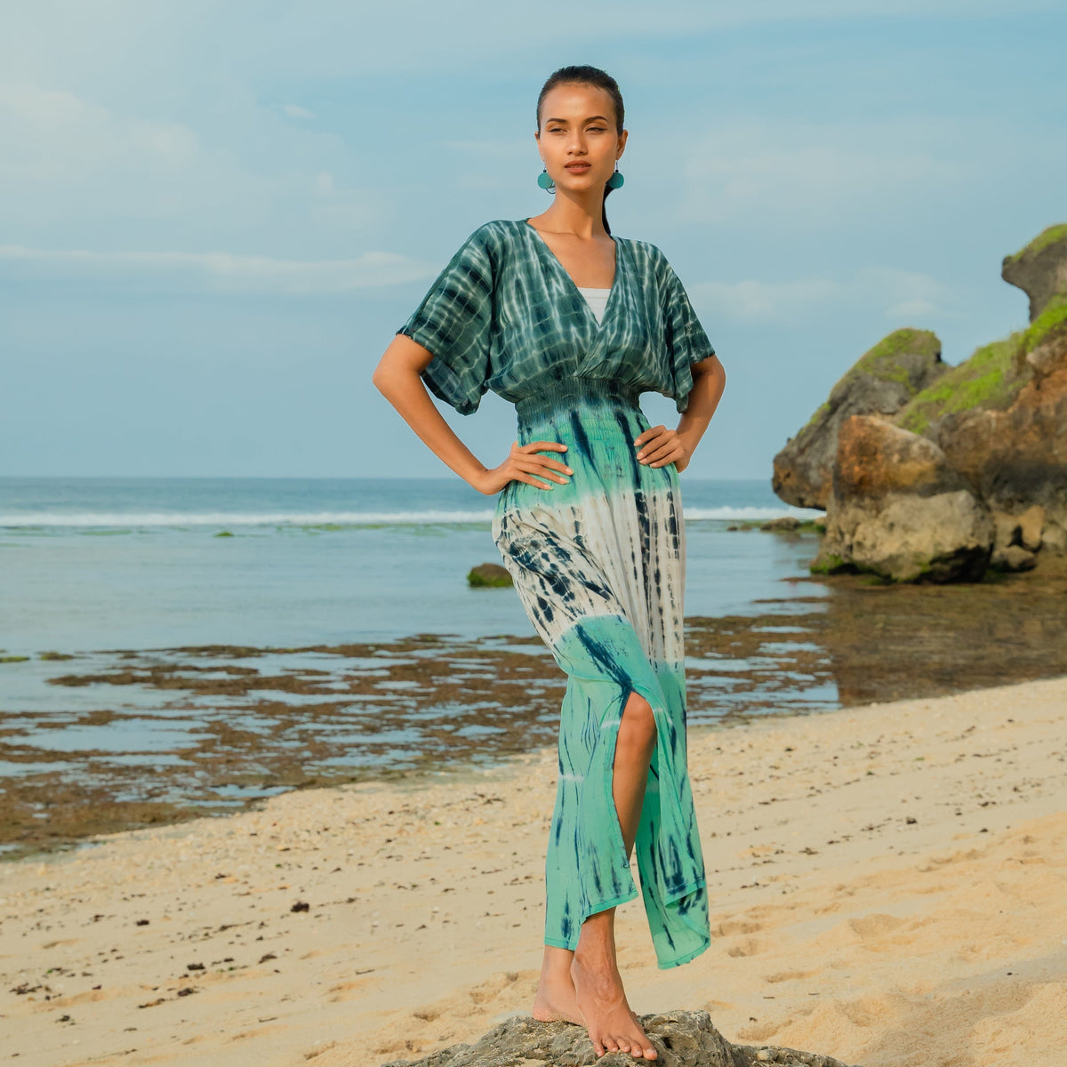 Robe longue rayée tie-dye – Turquoise et gris